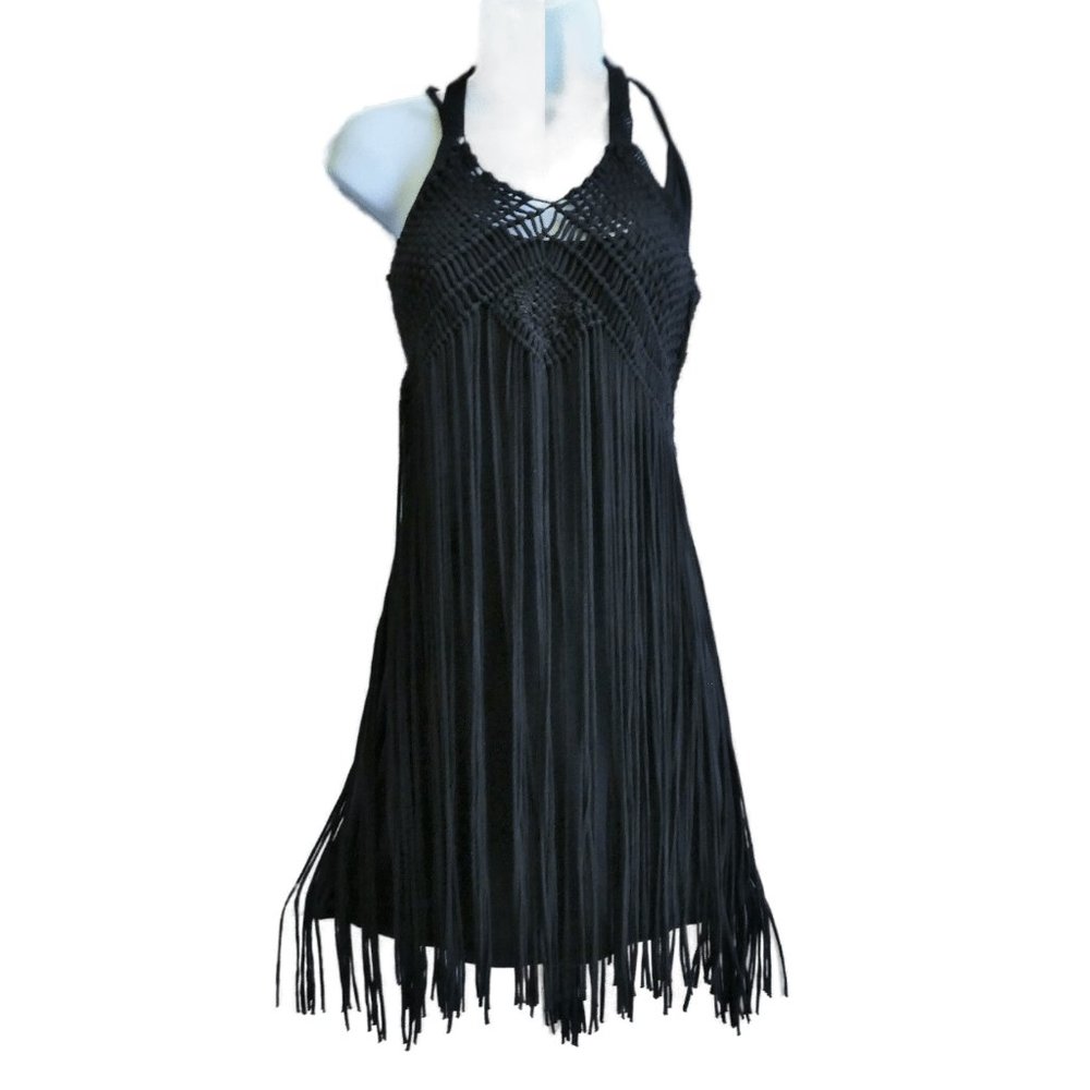 Zara Macrame Cami Slip Black Dress Tassel Fringe Tank Dance Club Rave Party S